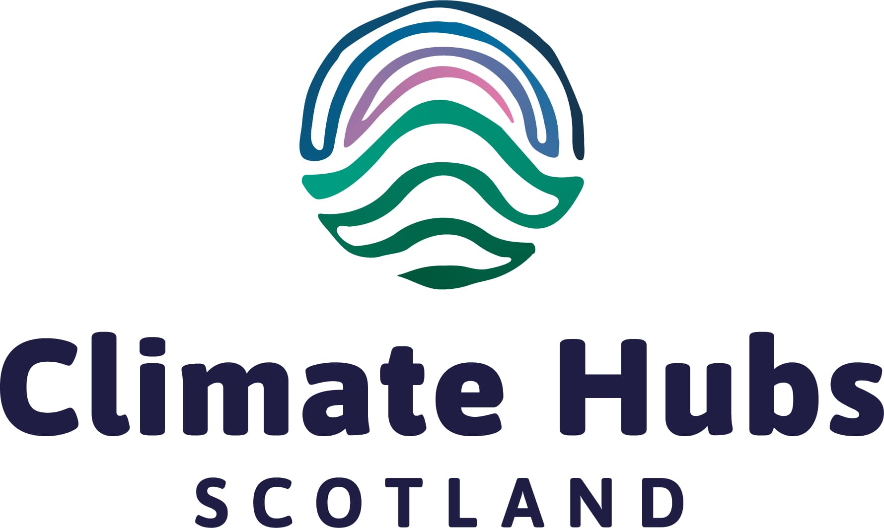 Climate Hubs Scotland Logo in pink, green, blue and purple